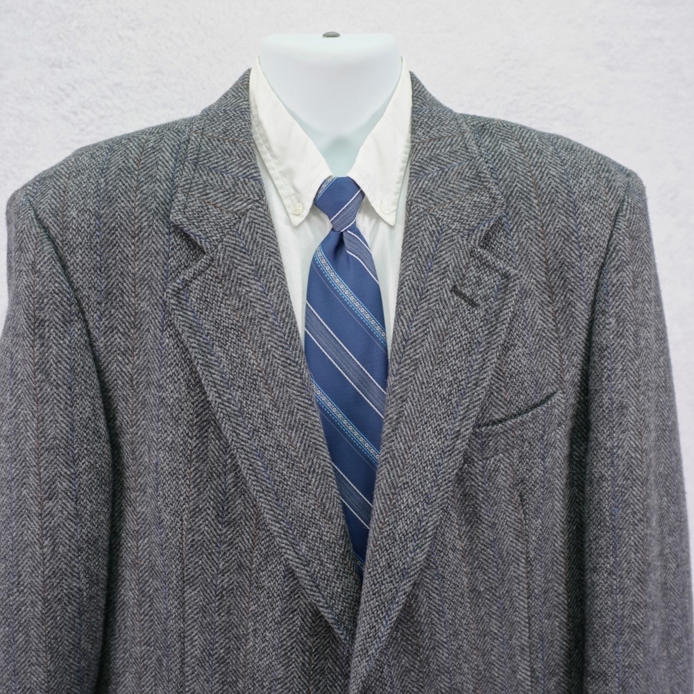 English‎ Manor Tweed Wool Sport Coat Leather Button Gray Herringbone 44L W/ Blue